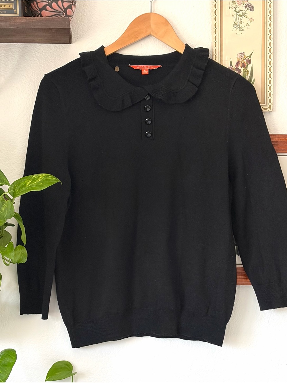ModCloth Black Ruffled Peter Pan Collar Twee Knit Sweater w Button Detail Large